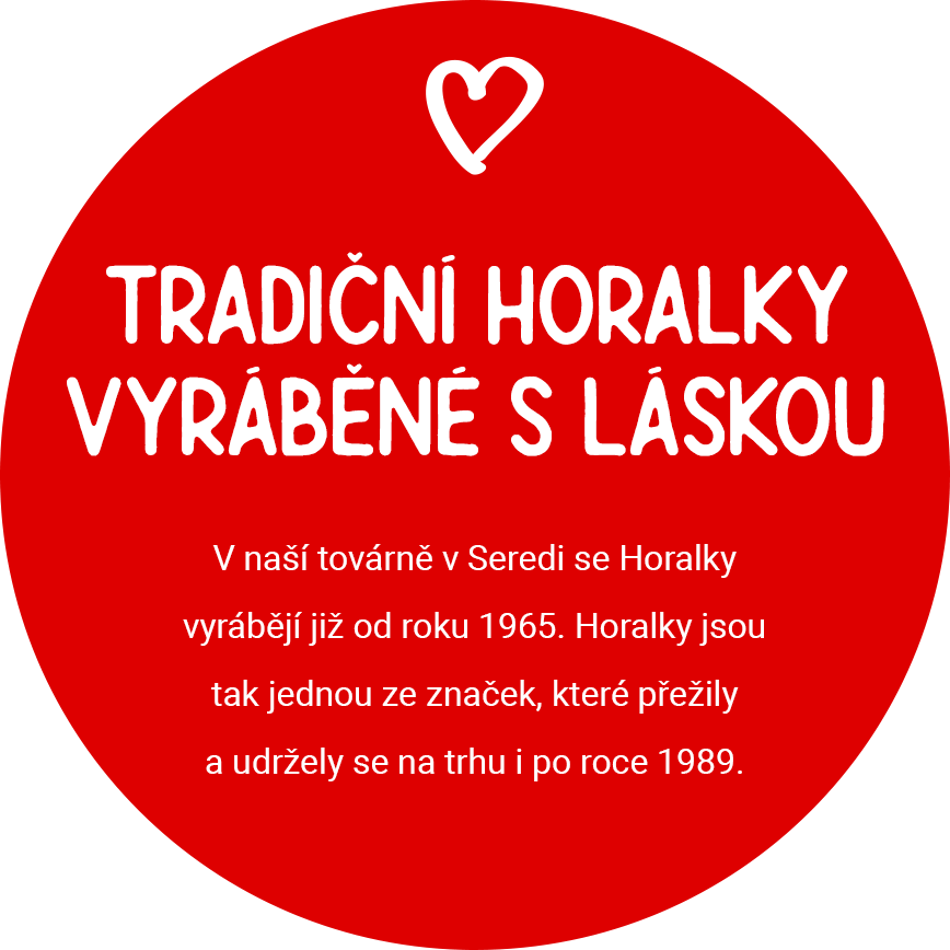 Tradiční Horalky vyráběné s láskou. V naší továrně v Seredi se Horalky vyrábějí již od roku 1965. Horalky jsou tak jednou ze značek, které přežily a udržely se na trhu i po roce 1989.